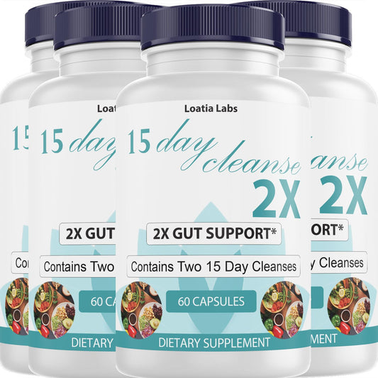 15 Day Cleanse 2X - Double Gut & Colon Support - Advanced Gut Cleanse Detox for Women & Men with Alfalfa, Cascara Sagrada, Probiotics & Psyllium Husk - Non-GMO - Made in USA - 60 Capsules (4 Bottles)