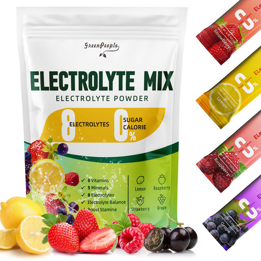 GREENPEOPLE Electrolytes Powder No Sugar - Sugar Free Hydration Electrolyte Packets - Fruit Flavors Electrolyte Drink Mix - 8 Electrolytes 5 Vitamins & Minerals Vegan Non-GMO 16 Sticks