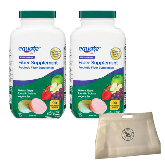 AMCIENT Equate Daily Fiber Sugar Free Prebiotic 90 Chewable Tablets (2 Packs) Bundle with Reusable Food Pouch