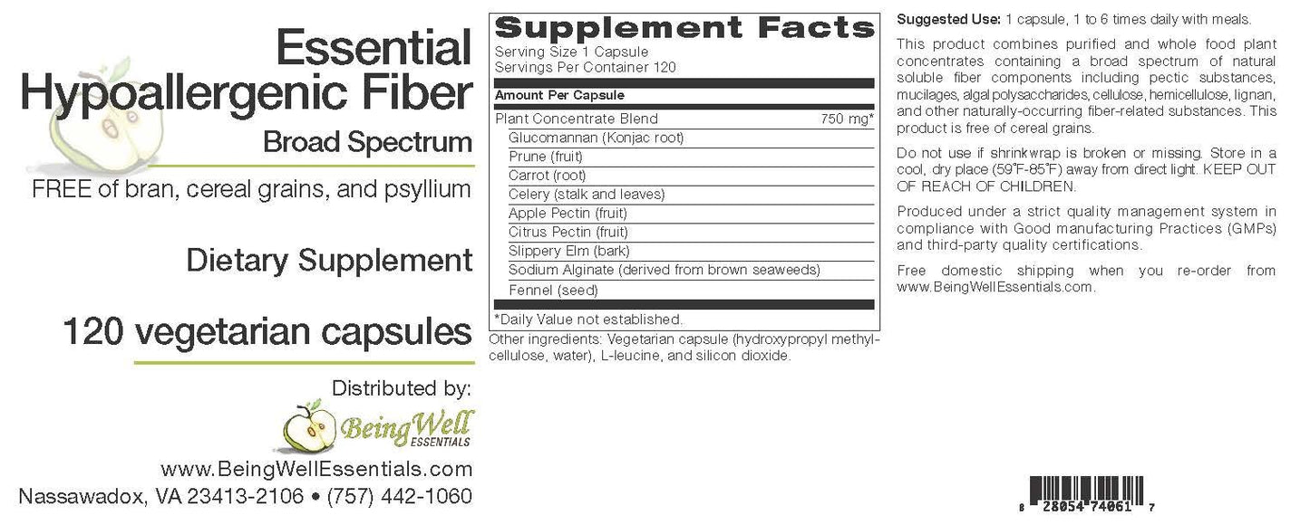 Being Well Essentials Essential Hypo-allergenic Broad Spectrum Fiber - Free of bran, Cereal Grains, and psyllium - 120 Vegetarian Capsules