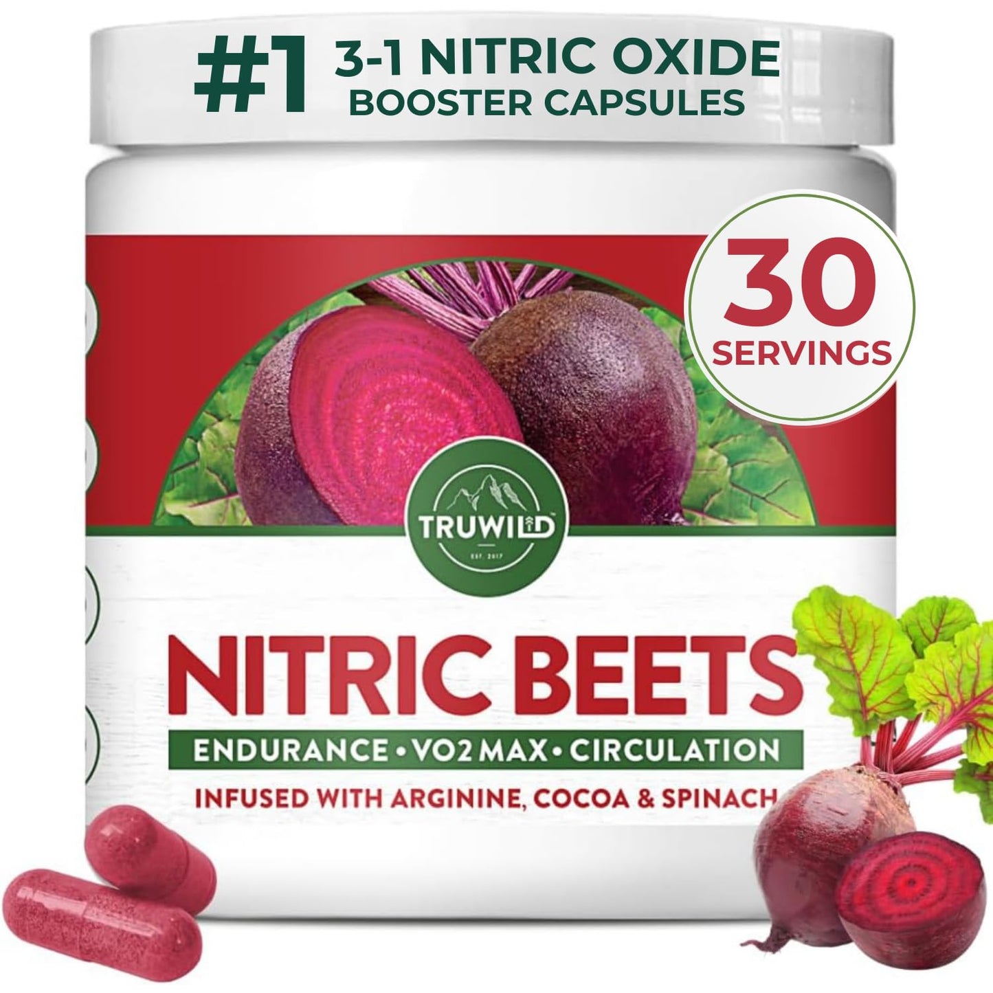 TruWild All Natural Beet Root Powder, Nitric Oxide Booster, 1000mg, Vegan Superfood Capsule Supplement, Beetroot Extract Supports Overall Health, Performance & Stamina, 30 Servings