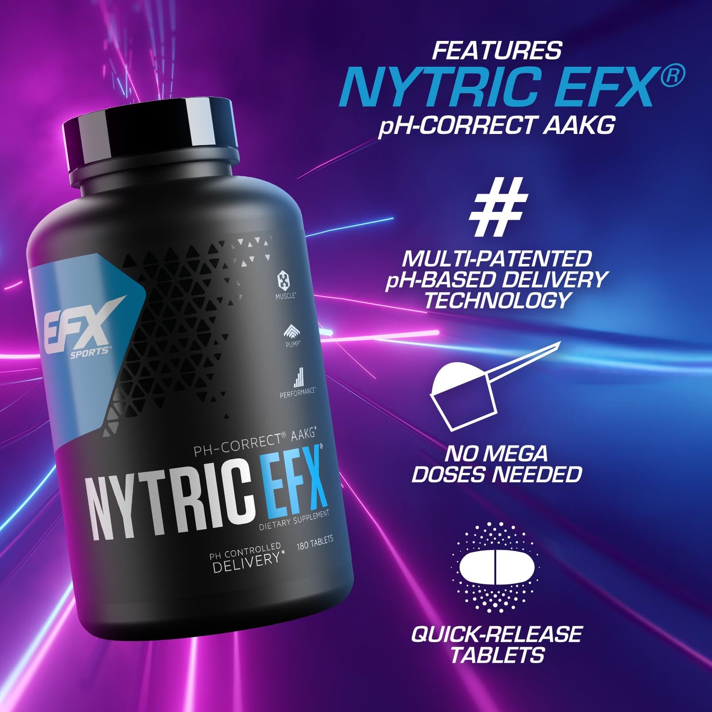 EFX Sports Nytric EFX | pH Correct AAKG Arginine & Citrulline Pre Workout Pills | Longer Lasting Muscle Pumps | 60 servings, 180 Quick-Release Tablets