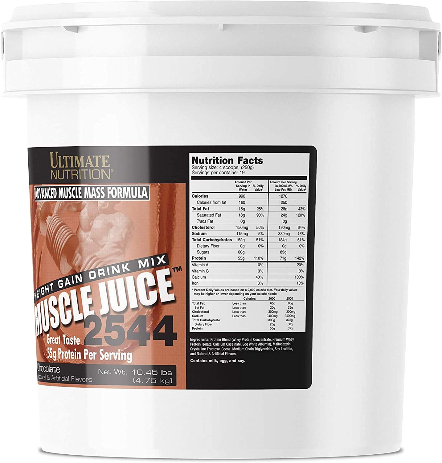Ultimate Nutrition Muscle Juice 2544, Lean Muscle Mass Classic Gainer, Weight Gain Drink Mix, Blend of Whey Protein Concentrate, Whey Protein Isolate, Casein and Egg Whites, 10.45 Pounds, Chocolate