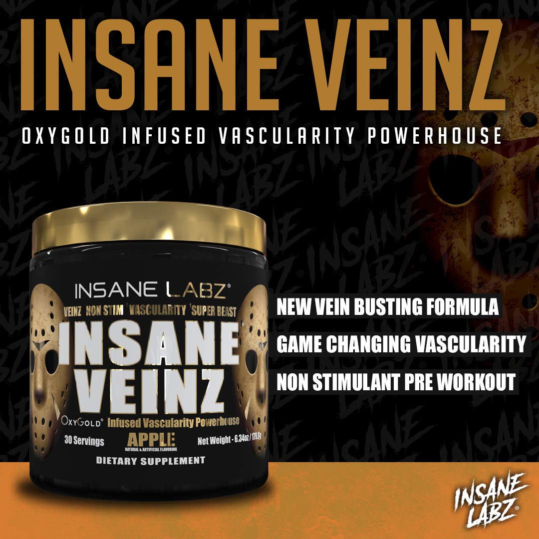 Insane Labz Insane Veinz Gold, Nitric Oxide Non Stimulant pre Workout Powder, Loaded with Hydromax, Nitrosigine, Increases Vascularity and Blood Flow, 30 Srvgs, Grape