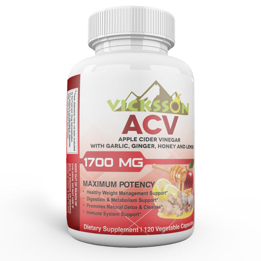 Vicksson Apple Cider Vinegar Pills 1700 mg of ACV with Garlic, Ginger, Lemon & Honey for Weight, Detox, Cleanse, Appetite, Bloating, Metabolism & Immune Support | 120 Capsules