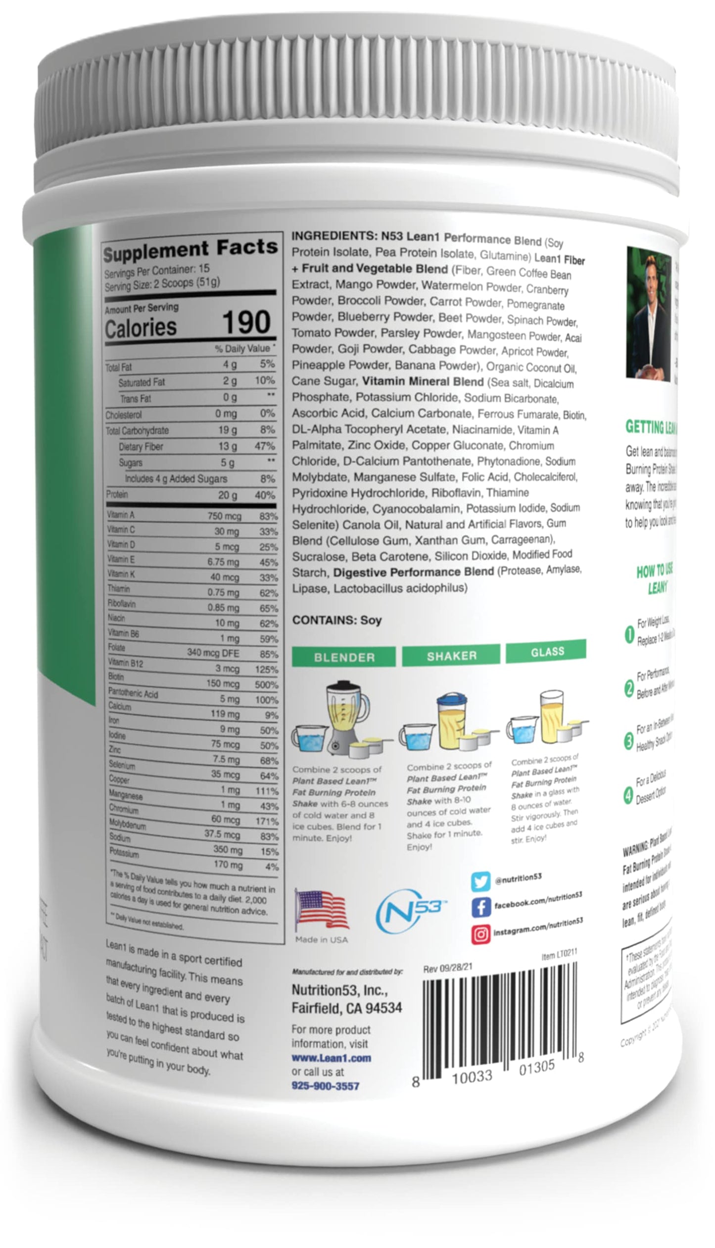 LEAN1 Nutrition53 Meal Replacement Powder for Weight Loss, Fat Burner, Appetite Control, Plant Based Banana (27 Ounce)