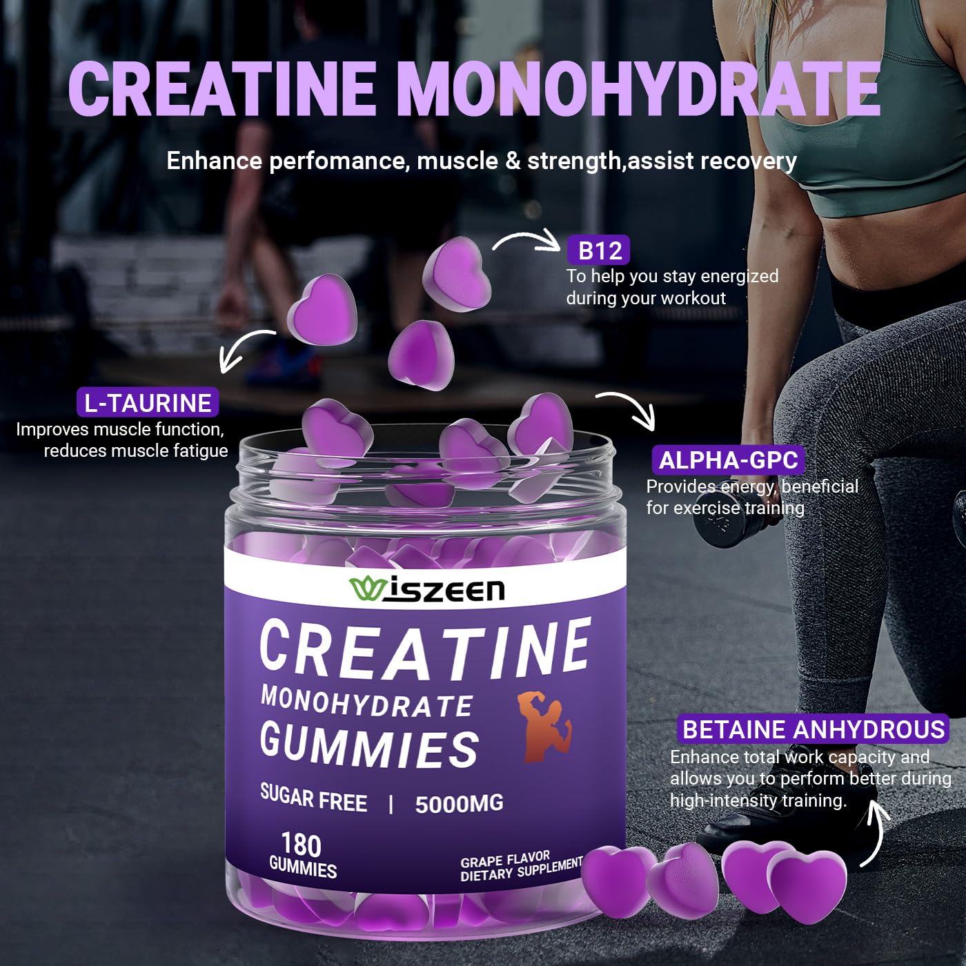 Sugar Free Creatine Monohydrate Gummies for Men Women, Creatine Monohydrate Gummy with L-Taurine, Alpha GPC, Vitamin B12