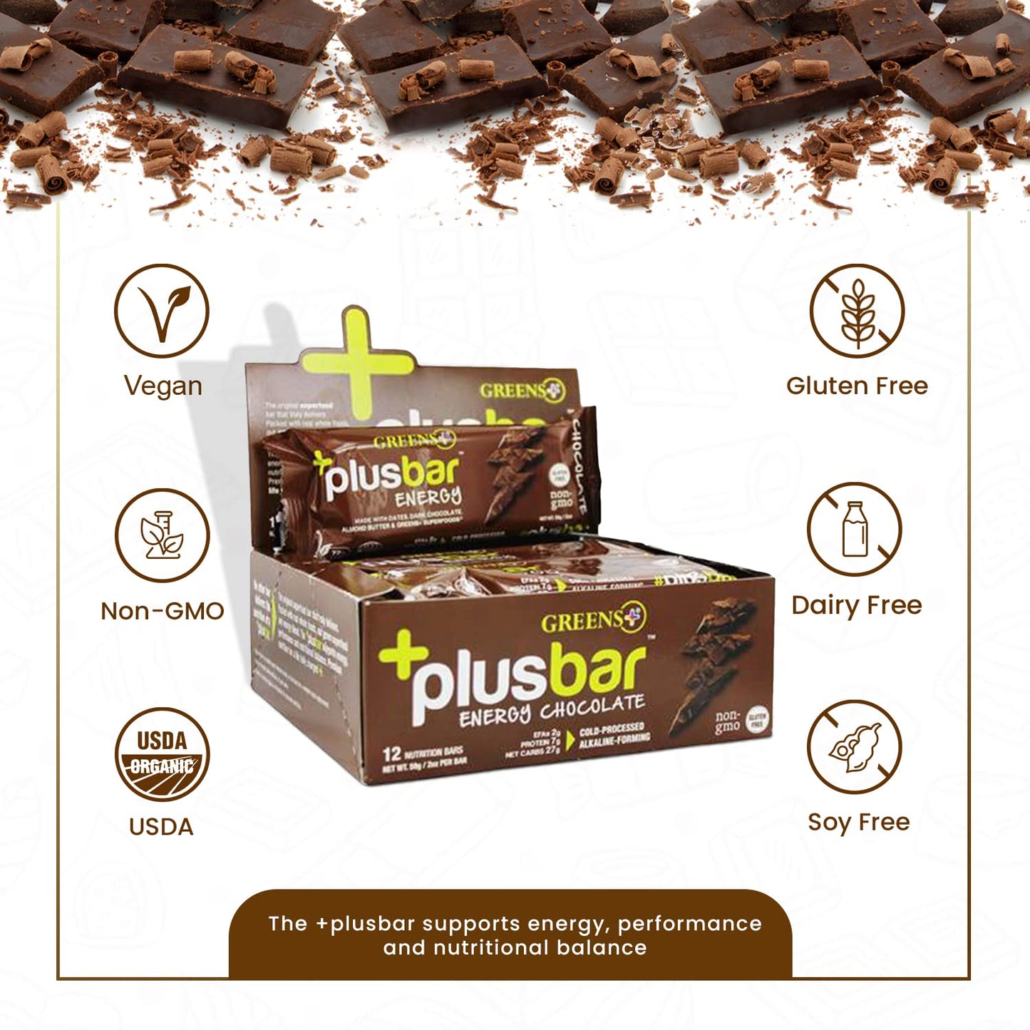 Greens Plusbar Energy Bars Chocolate Gluten Free Healthy Snacks with Organic Super Greens Superfoods  Dark Chocolate Vegan Dairy Free  Non GMO 8g Protein Meal Replacement Bars 12 Bars