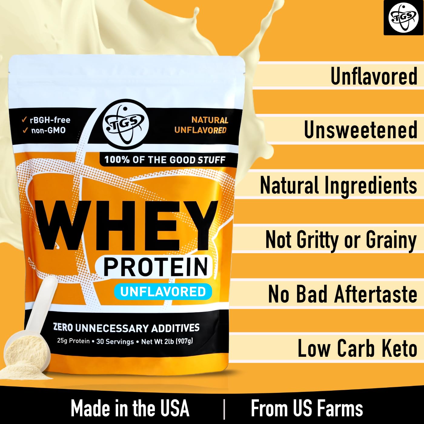 TGS Nutrition Whey Protein Powder Unflavored, Unsweetened, Keto Friendly - 2lb - Low Carb, Low Calorie, No Soy, Made in USA