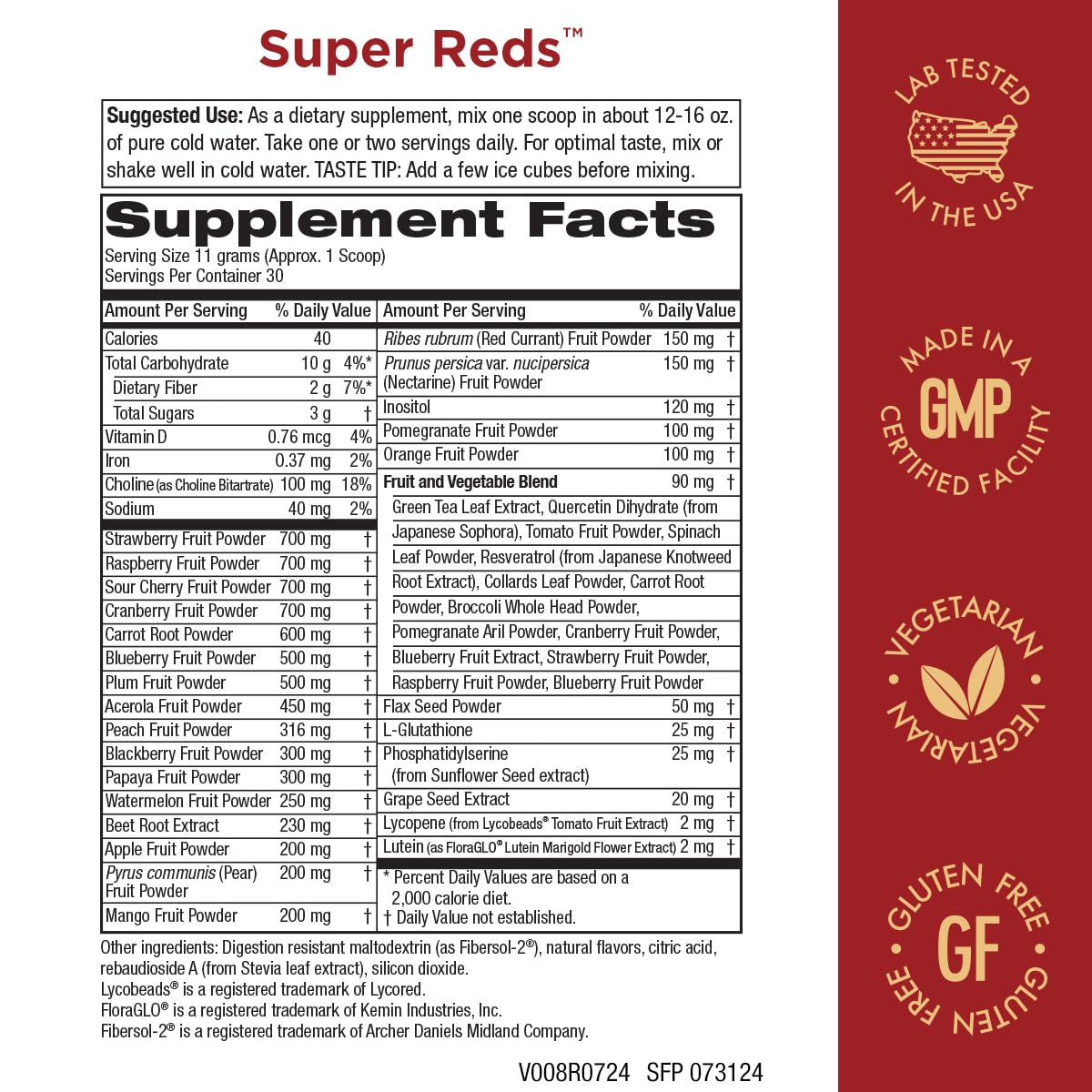 Purity Products Super Reds Powder Phytonutrient Superfood Drink Mix w/FloraGLO Lutein - Phytonutrient Blend containing Polyphenols, Antioxidants & More - 330 Grams - 30 Day Supply