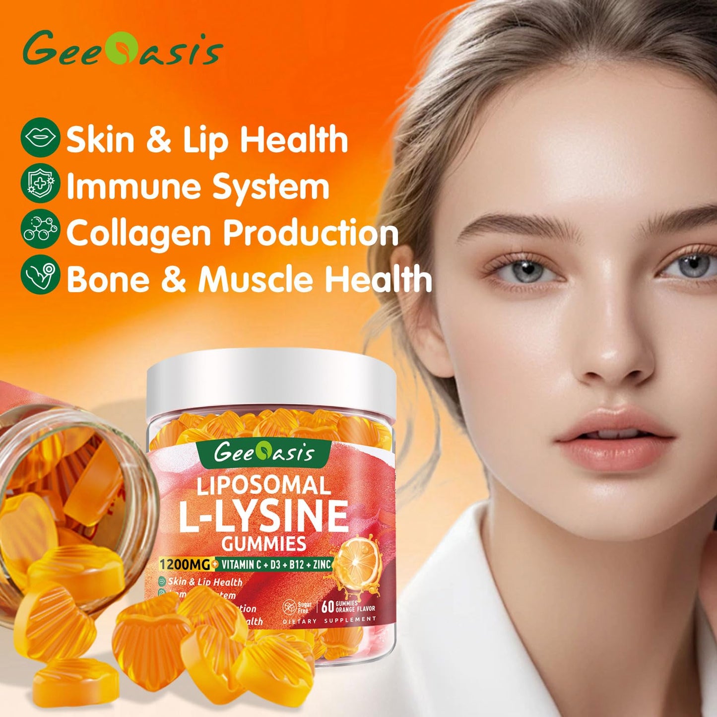 Liposomal L-lysine Gummies 1200mg, Lysine Chewable Supplement with Vitamin C, D3, B12 & Zinc for Adults & Kids, Immune & Collagen Support, Lips & Skin Health, Vegan, Natural Fruit Flavor, 60CT