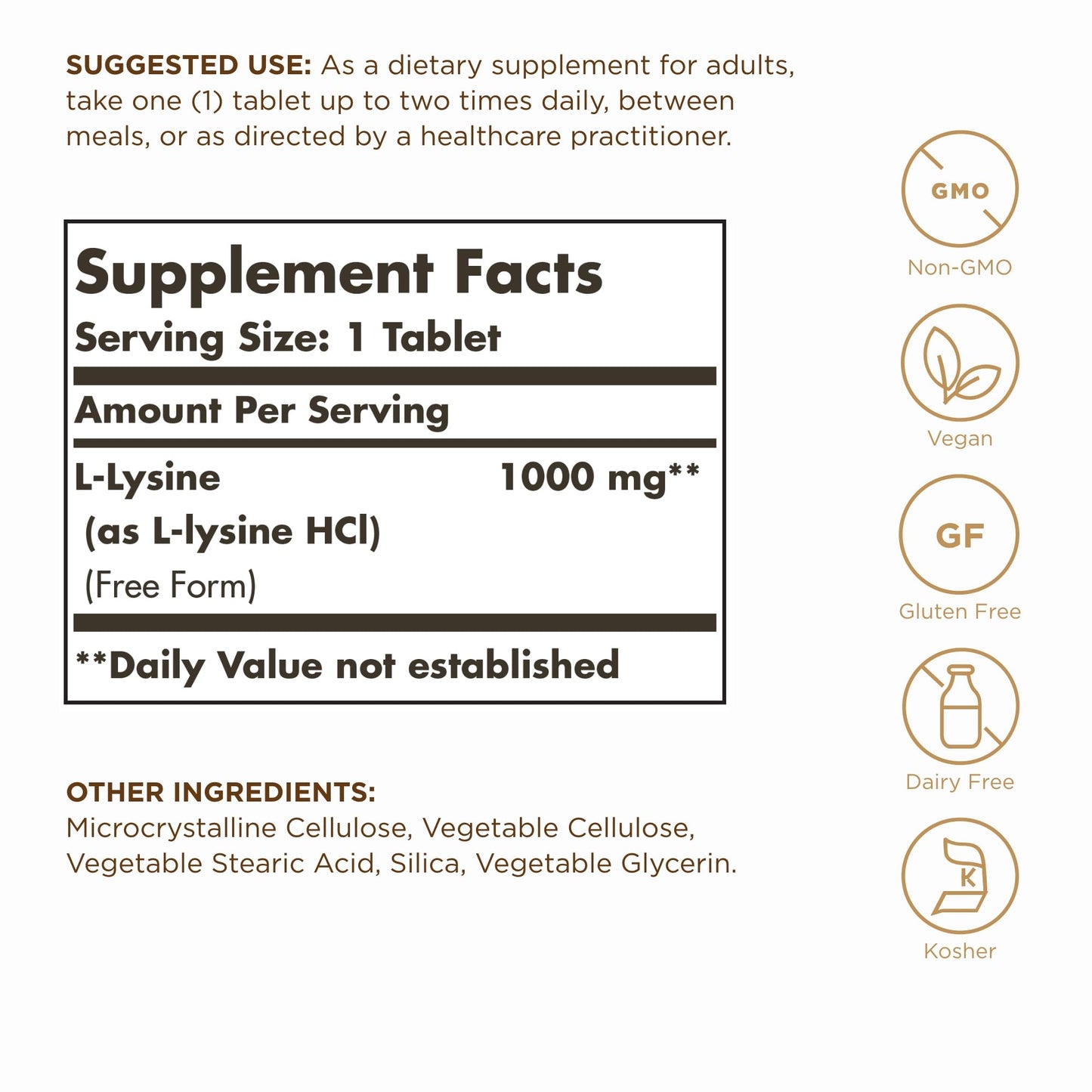 SOLGAR L-Lysine 1000 mg - 250 Tablets - Skin & Tissue Support - Non-GMO, Vegan, Kosher, Gluten Free - 250 Servings