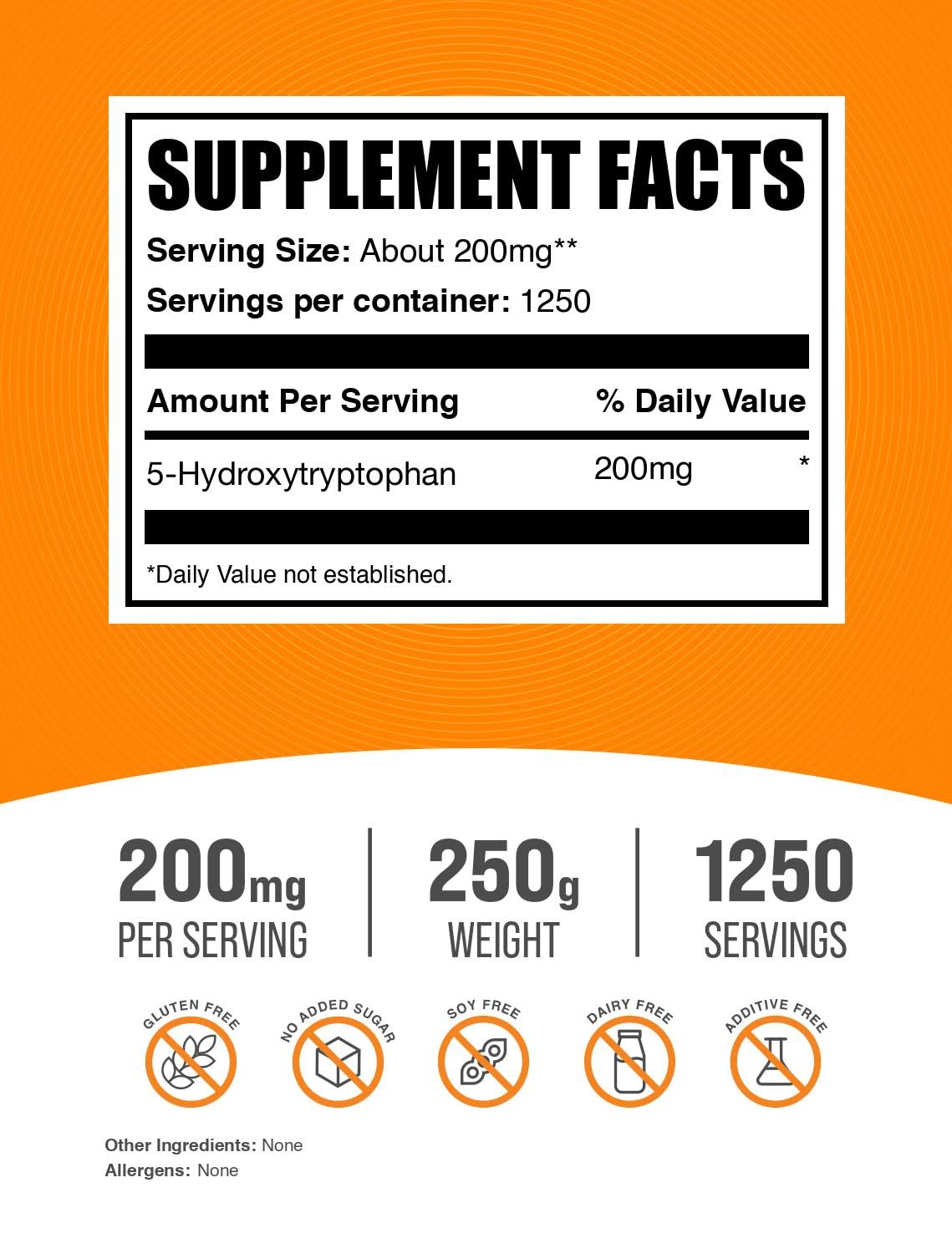 BulkSupplements.com 5-HTP Powder - 5-Hydroxytryptophan, 5 HTP Supplement - 5-HTP 200mg, Mood Support Supplement - Gluten Free, 200mg per Serving, 250g (8.8 oz) (Pack of 1)