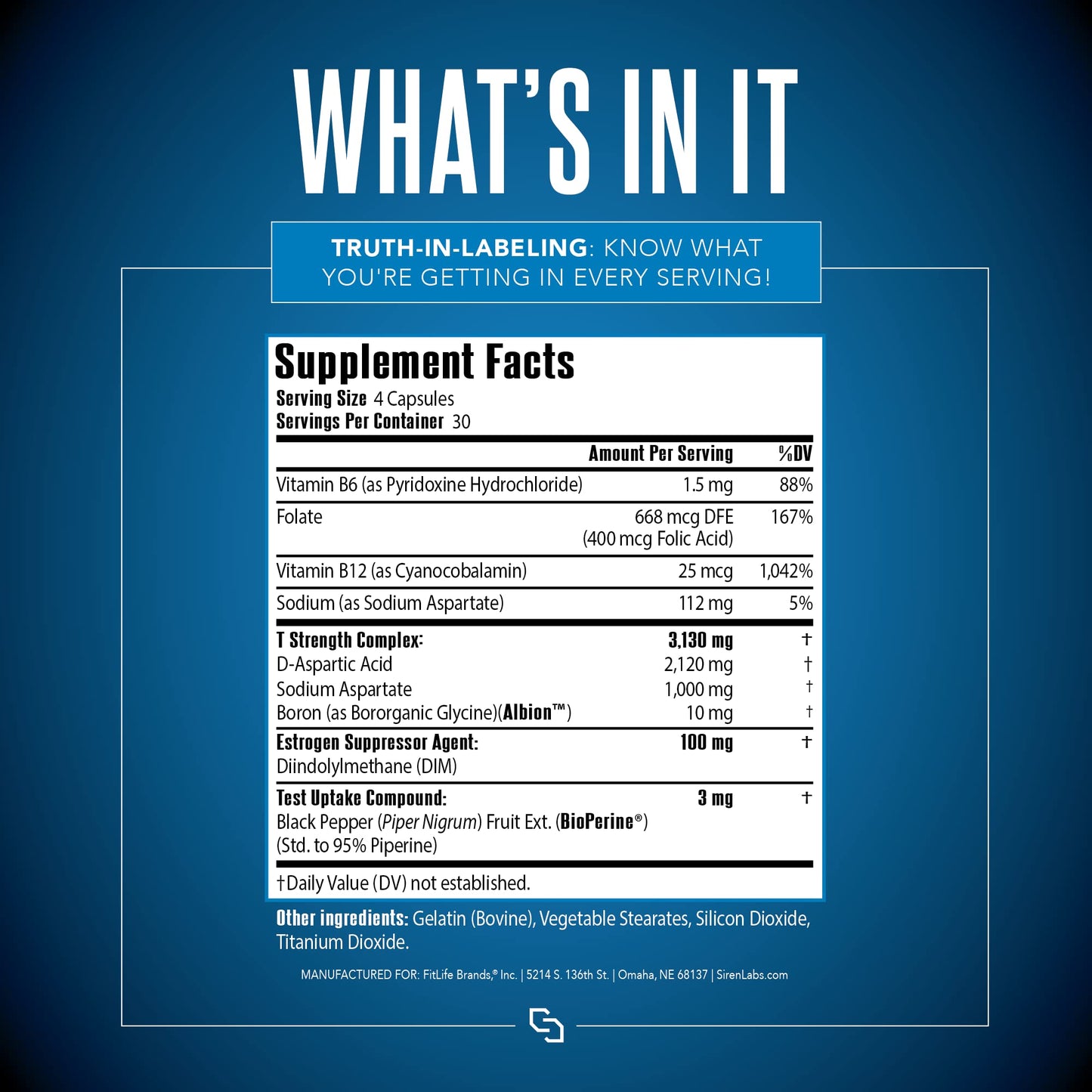 Siren Labs D1-T Strength Testosterone Booster for Men Mass Gainer with D-Aspartic Acid - Monster Muscle Mass-Building - Test Booster Suppression of Estrogen Anabolic Muscle Growth (120 Capsules)
