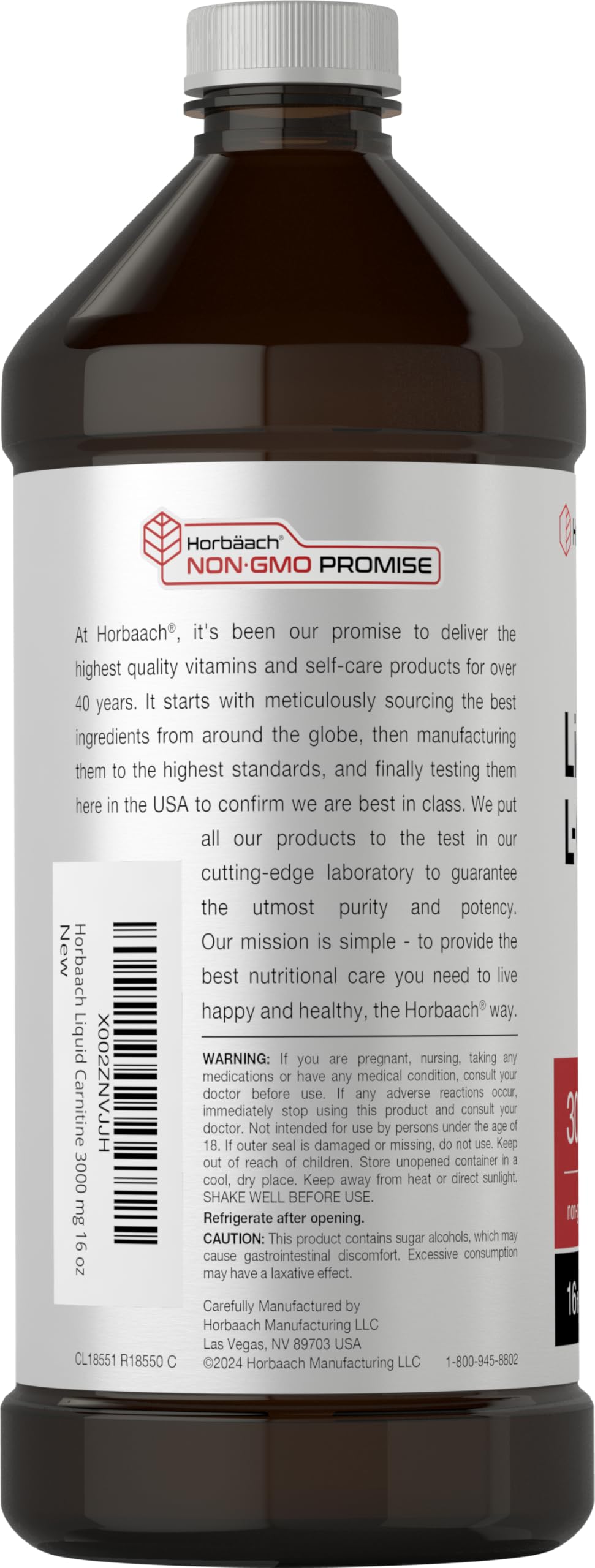 Horbäach L-Carnitine Liquid 16 oz | 3000 mg | Berry Flavor | Vegetarian Formula | Non-GMO, Gluten Free Supplement