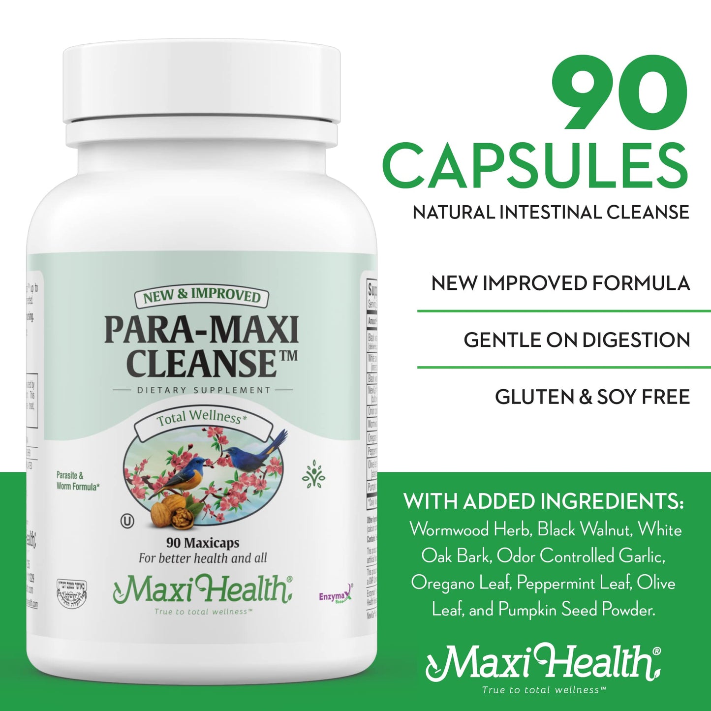 Maxi Health Intestinal Cleanse for Humans - Natural Digestive Colon Gut Flora Body Detox for Women - Gut Cleanse for Men - Bloated Belly Relief with Black Walnut Wormwood Herb (90 Capsules)