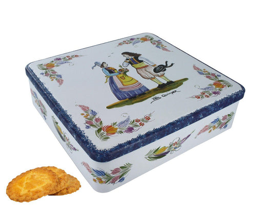 La Trinitaine French Brittany Galettes au Beurre Butter Cookies in Mini Quimper Tin Faience Couple 46 OZ
