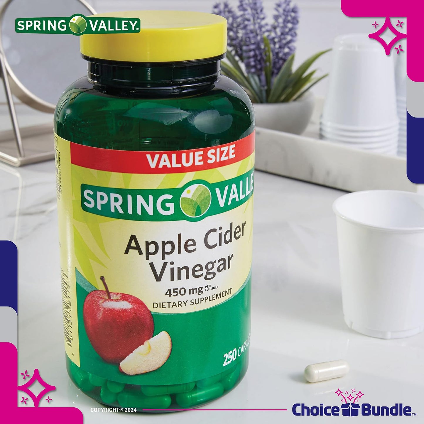Choice Bundle Spring Valley Apple Cider Vinegar Capsules 450 mg Dietary Supplement 250 Ct 3 pk (750 Total) + Vitamin Guide and Pill Container (5 Items)!