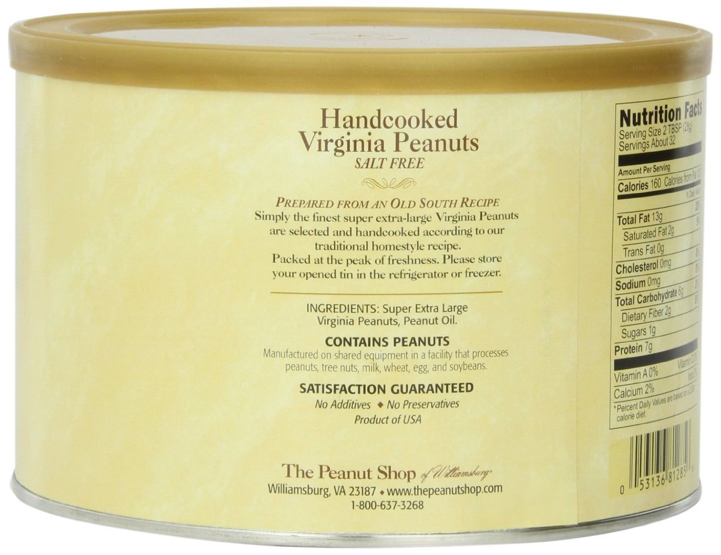 The Peanut Shop of Williamsburg Salt Free Handcooked Virginia Peanuts 32Ounce Tin