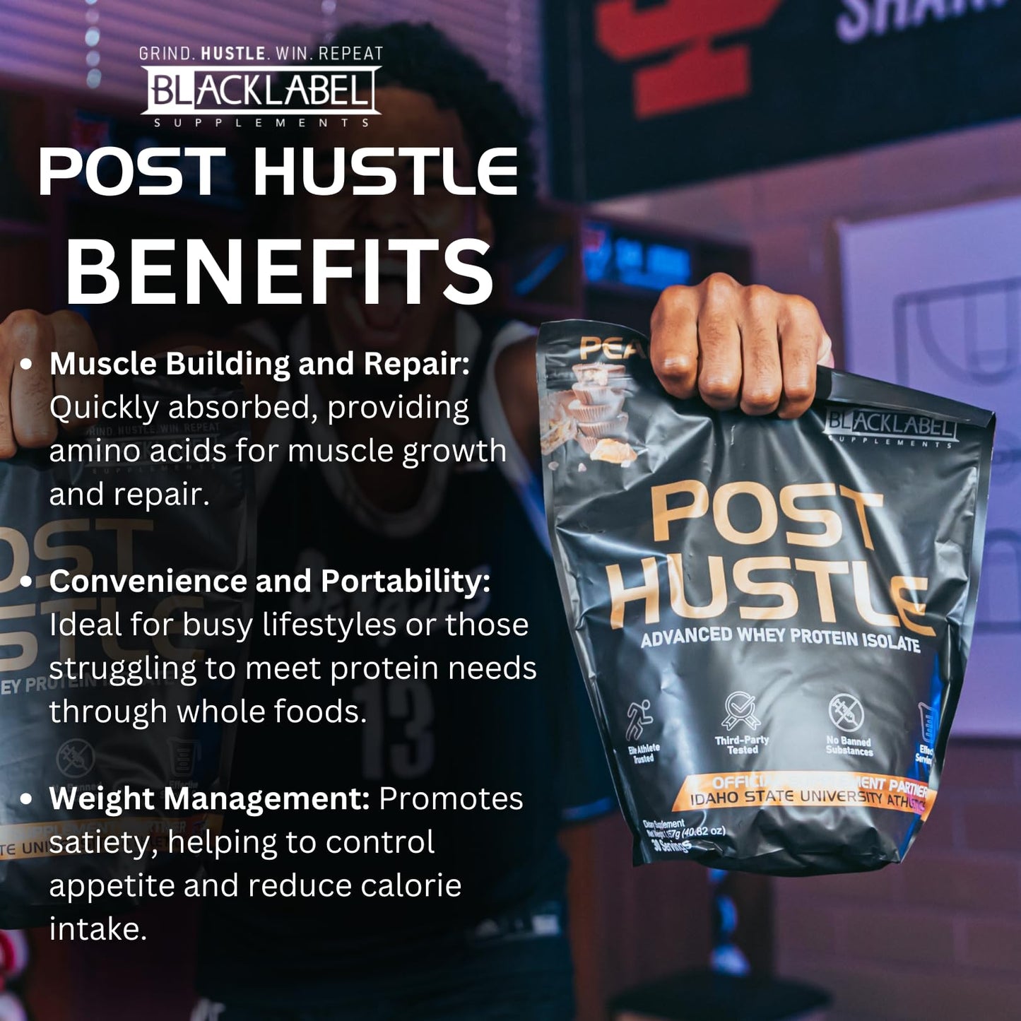 BLACKLABEL Supplements - Post Hustle - Post-Workout Protein Supplement - for Muscle Rebuilding & Recovery - Advanced Whey Protein Isolate & Enzymes - 30 Servings - Peanut Butter Cup