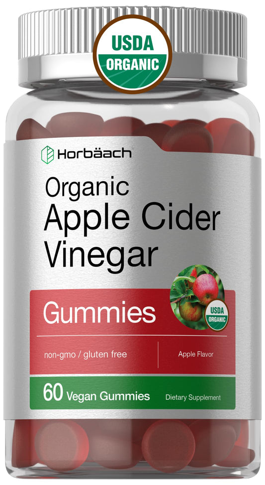 Horbäach Organic Apple Cider Vinegar Gummies | 60 Gummies | Vegan, Non-GMO & Gluten-Free Supplement | USDA Organic ACV | Apple Flavor