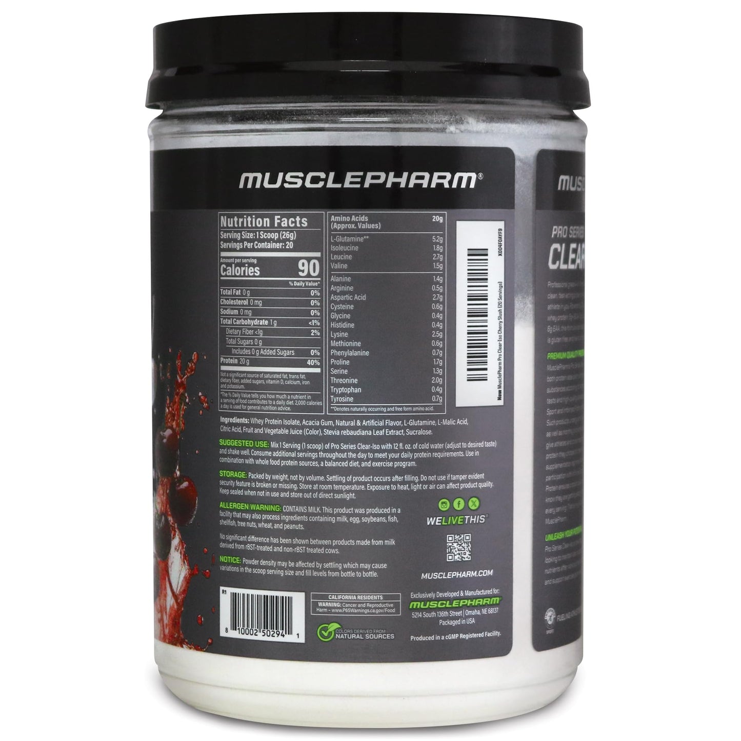 MusclePharm Pro Series Clear-ISO, Clear Protein Powder, 20g Fast-Acting Whey Isolate per Serving Plus BCAAs & L Glutamine | Pro-Grade Muscle Recovery & Growth | Cherry Slush, 1.14 lb, 20 Servings