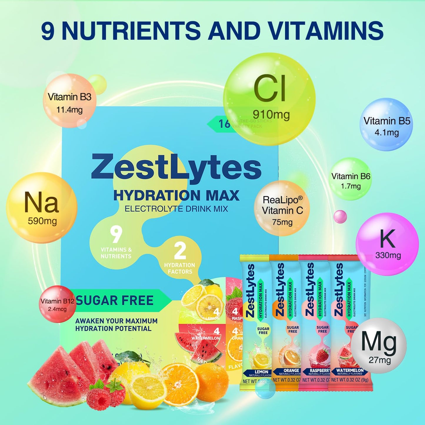 Salty Fruit Flavor Hydration Powder Packets, Electrolyte Powder Drink Mix, Liquid Everyday IV Drink Mix for Rehydration Max | Sugar Free | 9 Vitamins & Nutrients | 2 Hydration Factors | 16 Sticks