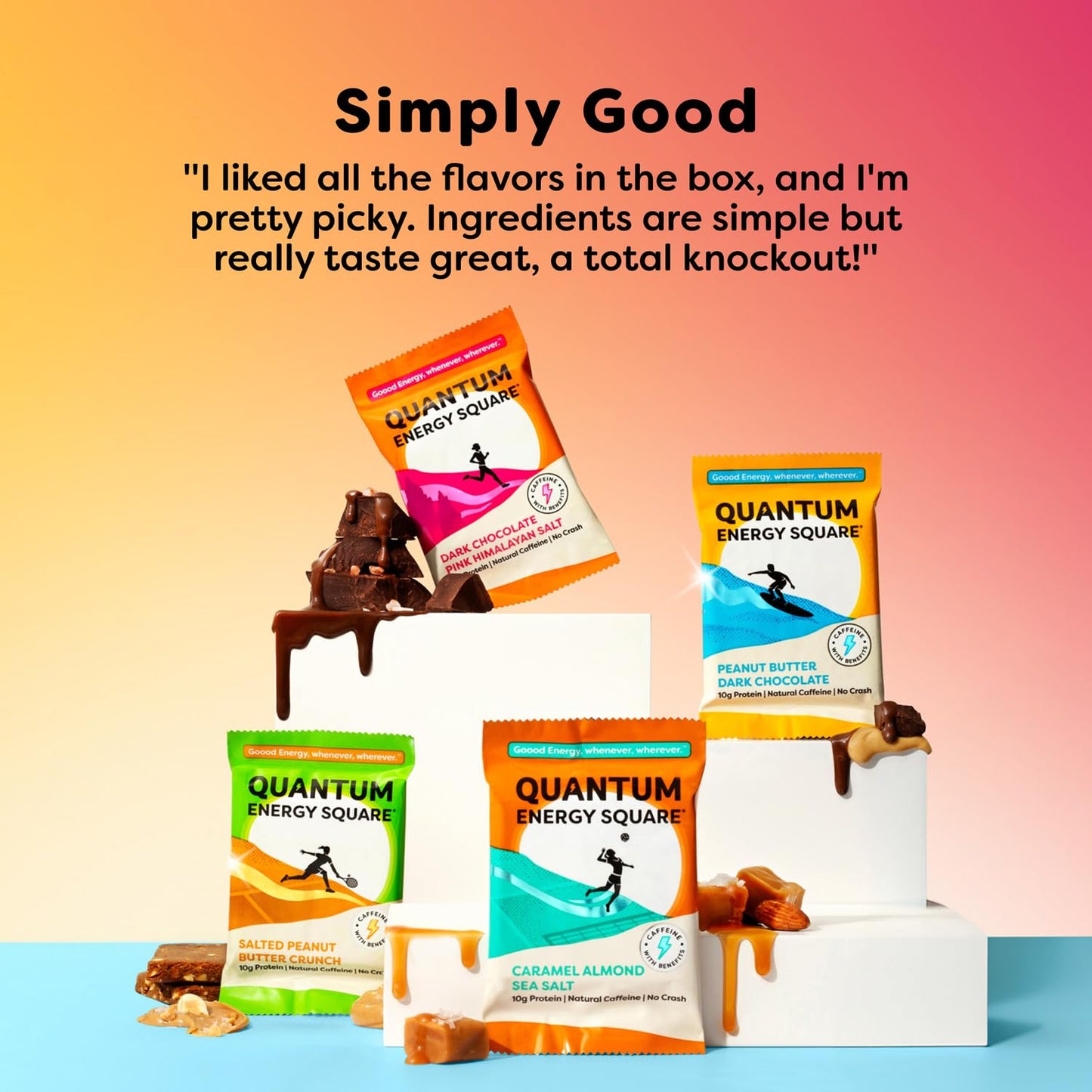 Quantum Energy Square Energy Bar with Caffeine  10g Protein Delicious Healthy Snack On The Go Vegan Glutenfree Soyfree Dairyfree Flavor Variety 8Pk