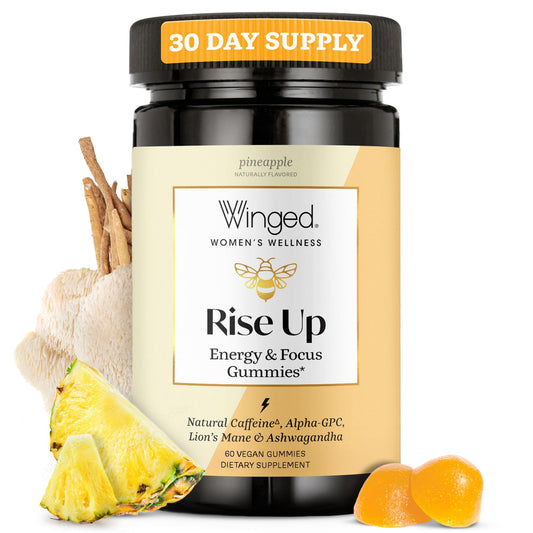 Winged Wellness Rise Up, Energy & Focus Gummies for Women - Daily Brain Boost Gummy Supplement with Natural Caffeine, Ashwagandha, B12, Nootropics Alpha-GPC & Lion’s Mane - Pineapple, 30 Gummies