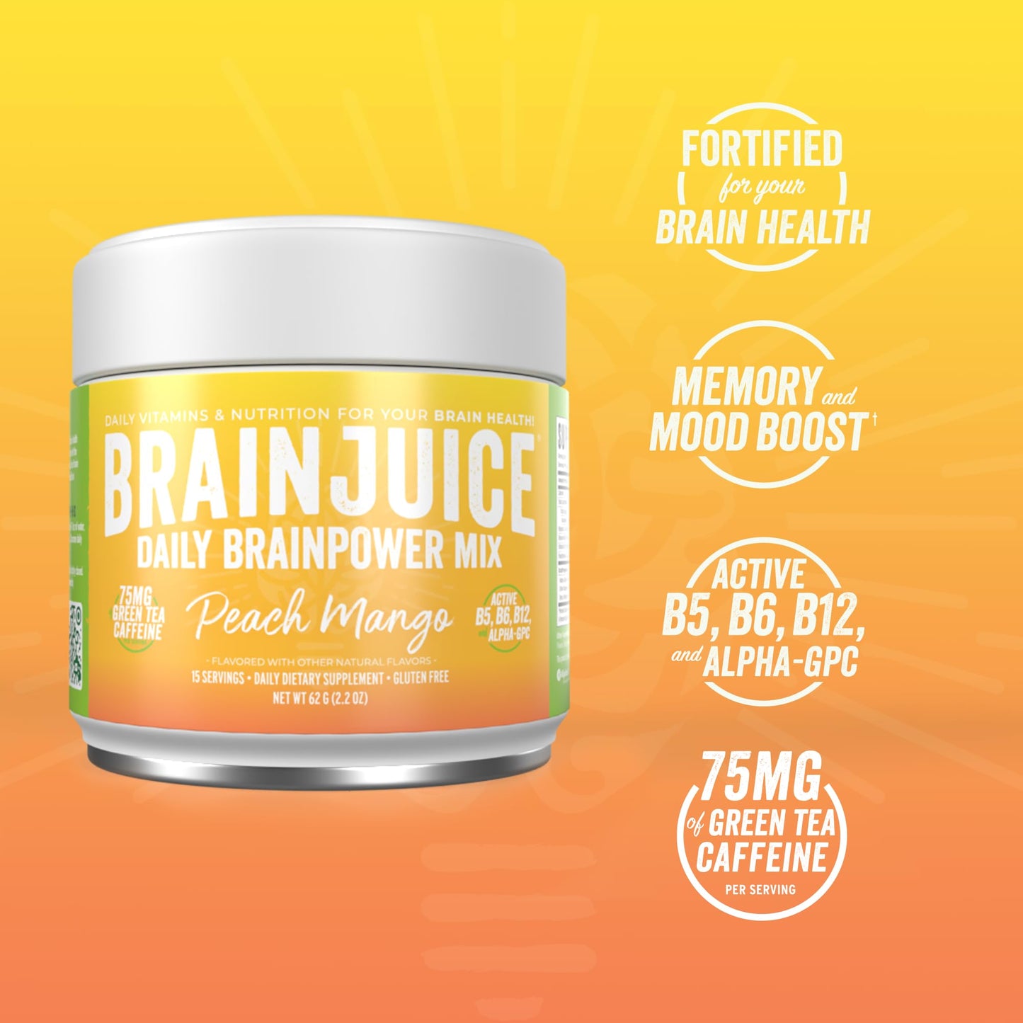 BrainJuice Active Pomegranate Acai Daily BrainPower Mix - 15 Servings (2.2 Oz, Peach Mango)
