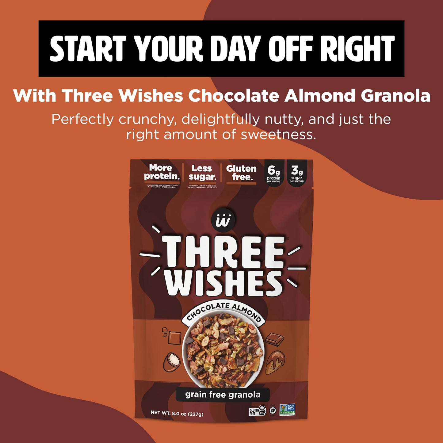 Three Wishes Granola Chocolate Almond 4Pack  Gluten Free Granola 6g Protein  3g Sugar Healthy Breakfast  OntheGo Snack  Vegan Kosher  GrainFree