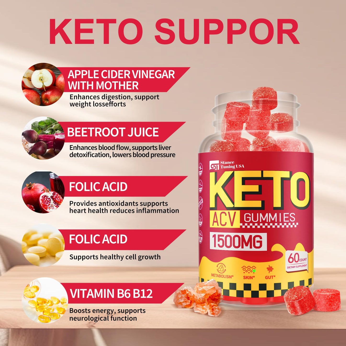 Stance Tuning USA Keto ACV Gummies - 1500MG ACV Keto Gummies for Women Men - Apple Cider Vinegar with Mother, Probiotics, Vitamins B6 B12 for Gut Digestion - Vegan & Non-GMO, 2 Pack