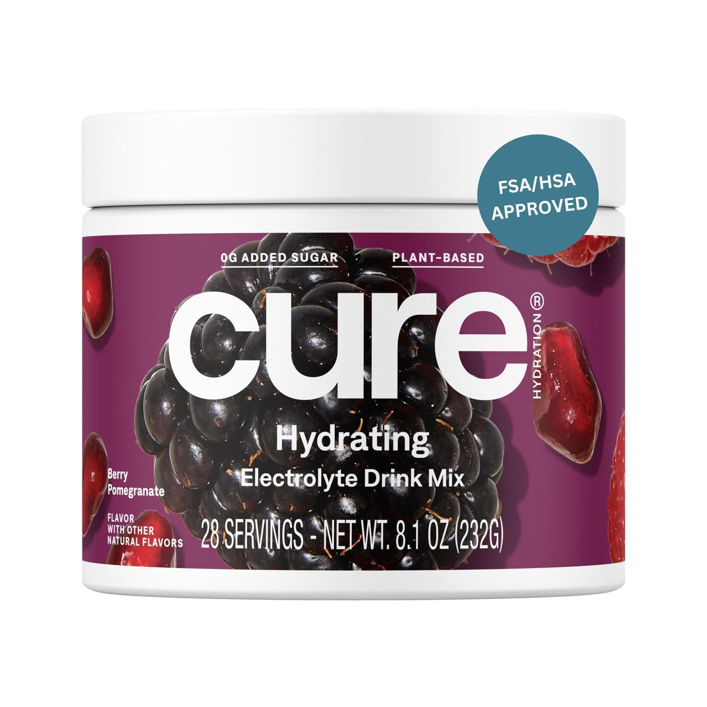 Cure Hydration | Plant-Based Electrolyte Drink Mix | No Added Sugar | FSA & HSA | Dehydration Relief Powder Made with Coconut Water | Non-GMO | Vegan | 28 Servings Jar - Berry Pomegranate