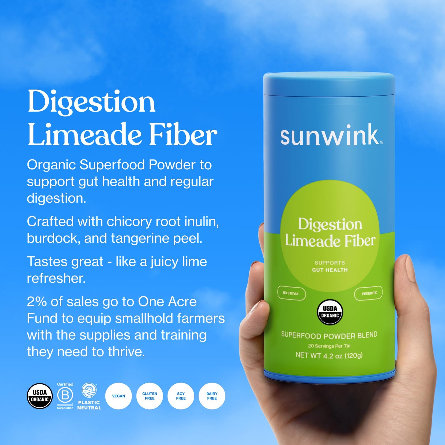 Sunwink Digestion Limeade Fiber Superfood Powder | Daily Fiber Powder for Digestion | Prebiotic Fiber Powder with Chicory Root, Burdock, Tangerine Peel | Supports Gut Health | 4.2 oz, 20 Servings