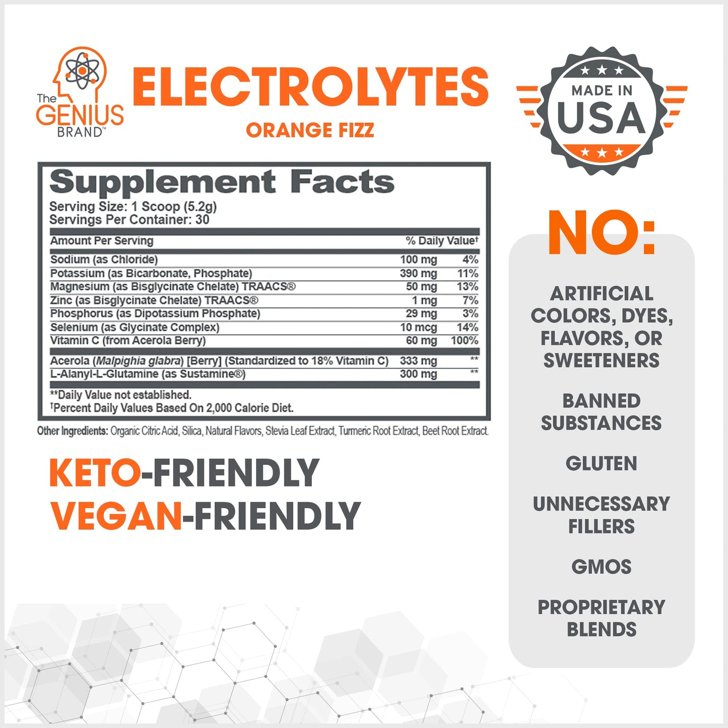 Genius Electrolytes Powder Drink Mix, Orange Fizz, 30 Servings - Natural Hydration Booster & Endurance Supplement with Potassium, Magnesium & Zinc - Sugar Free & No Artificial Sweeteners or Dyes