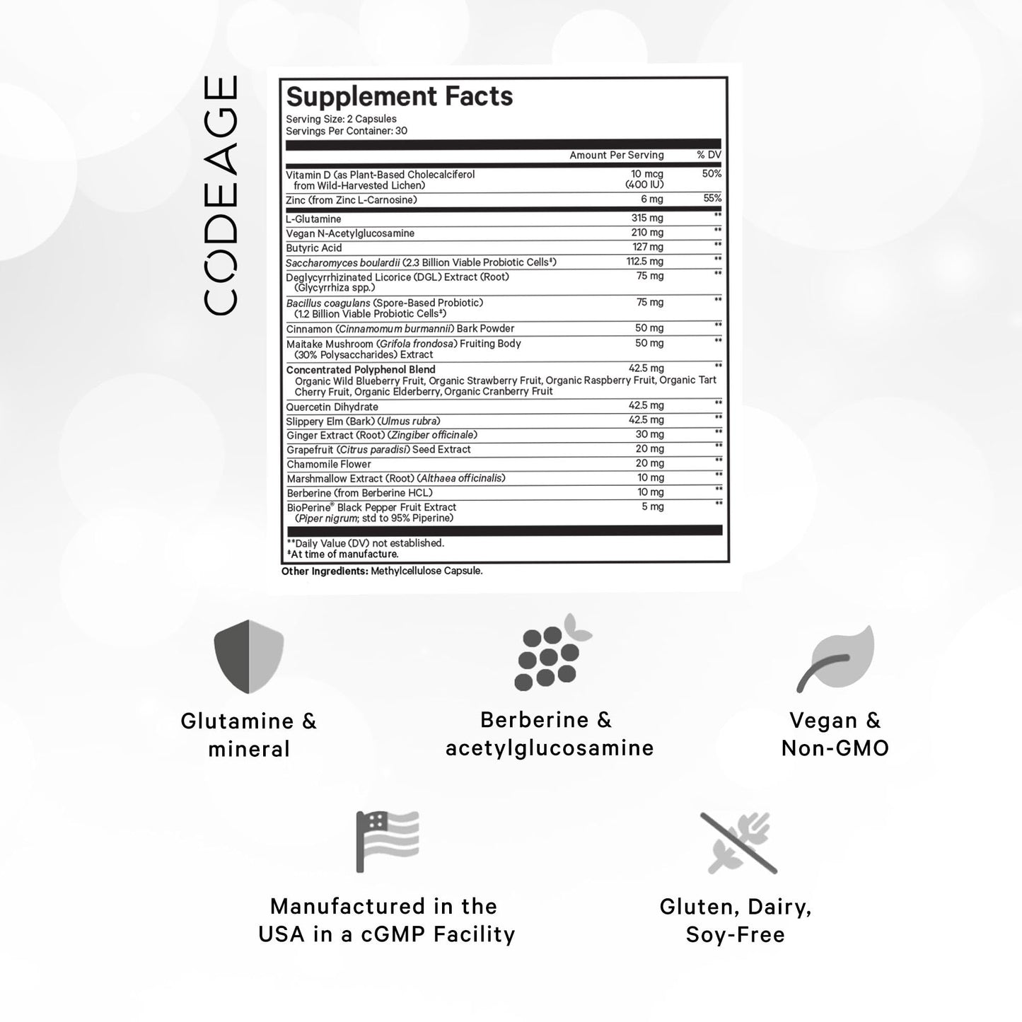 Codeage Leaky Gut Supplement, L-Glutamine, N-Acetylglucosamine, Probiotic, Butyric Acid, Polyphenols, Quercetin, DGL, Marshmallow Root, Berberine, BioPerine, Cinnamon, Vegan, Non-GMO, 60 Capsules