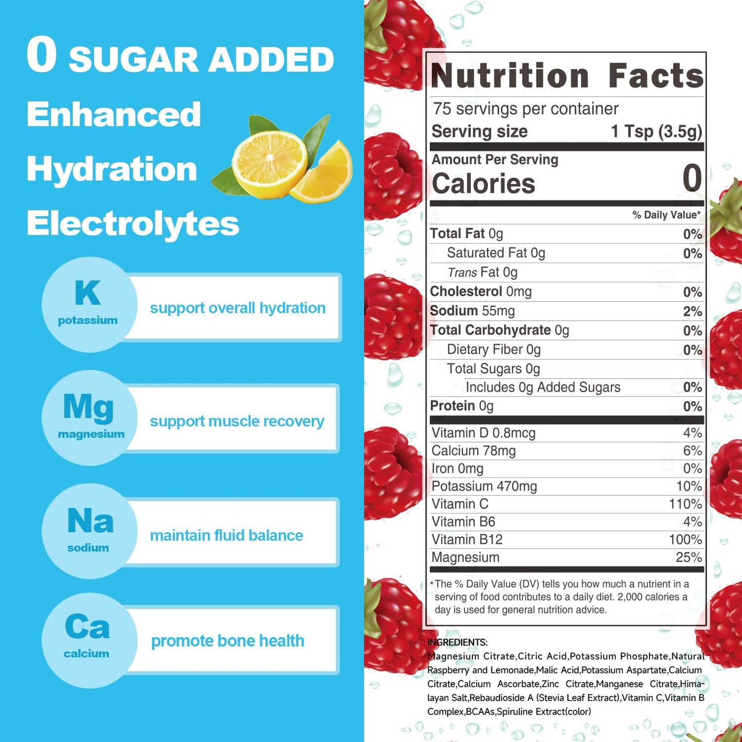 Electrolytes Powder No Sugar, Keto Hydration Electrolyte Drink Mix Supplement for Energy, Muscle Function - Enhanced with Himalayan Salt +BCAAs +Vitamins, Non-GMO (Raspberry Lemonade, 75 Servings)
