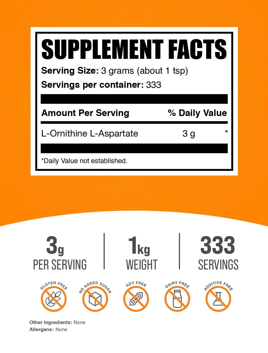 BulkSupplements.com L-Ornithine L-Aspartate Powder - Ornithine Supplement, Ornithine Powder - Amino Acid Supplement, Gluten Free, 3g per Serving, 1kg (2.2 lbs) (Pack of 1)