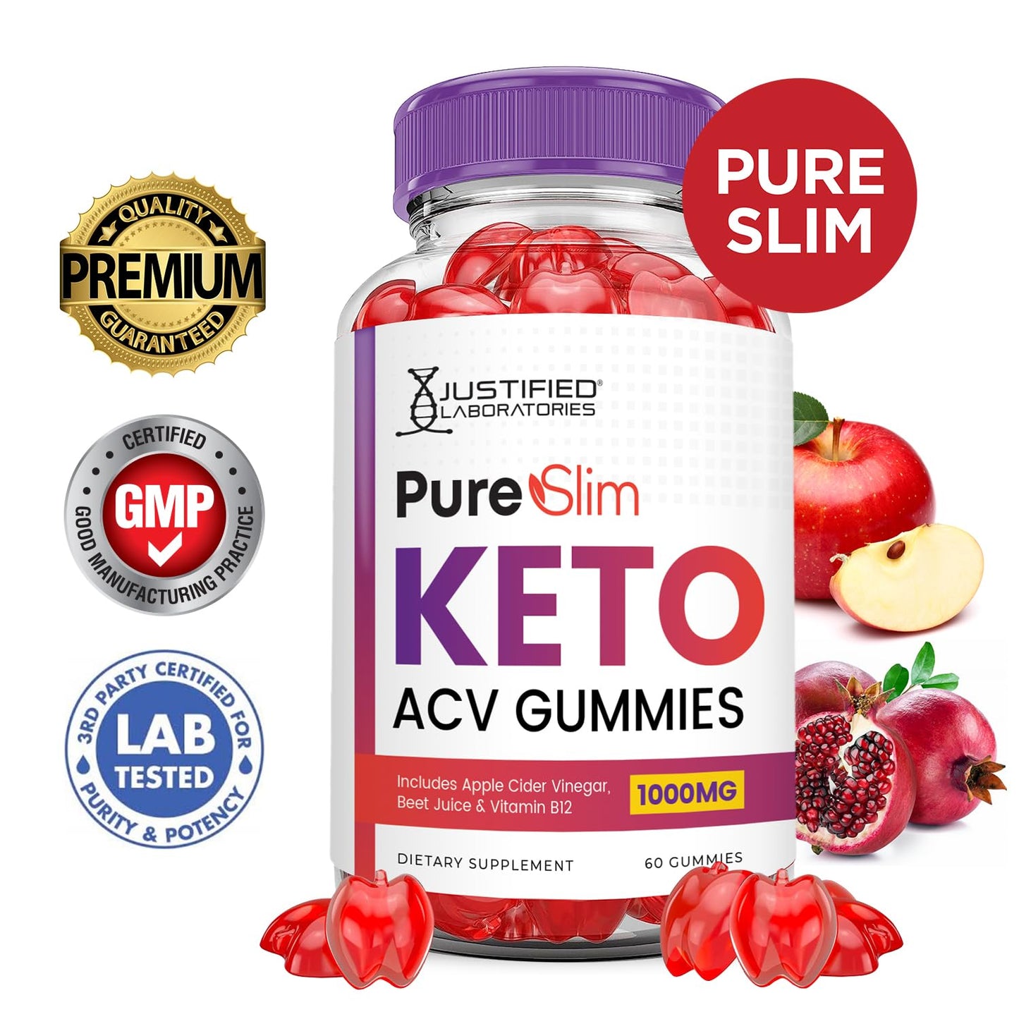 Pure Slim Keto ACV Gummies Advanced Formula 1000MG PureSlim Keto Gummies Apple Cider Vinegar Formulated with Pomegranate Beet Juice Powder B12 Vegan Non GMO 60 Gummys