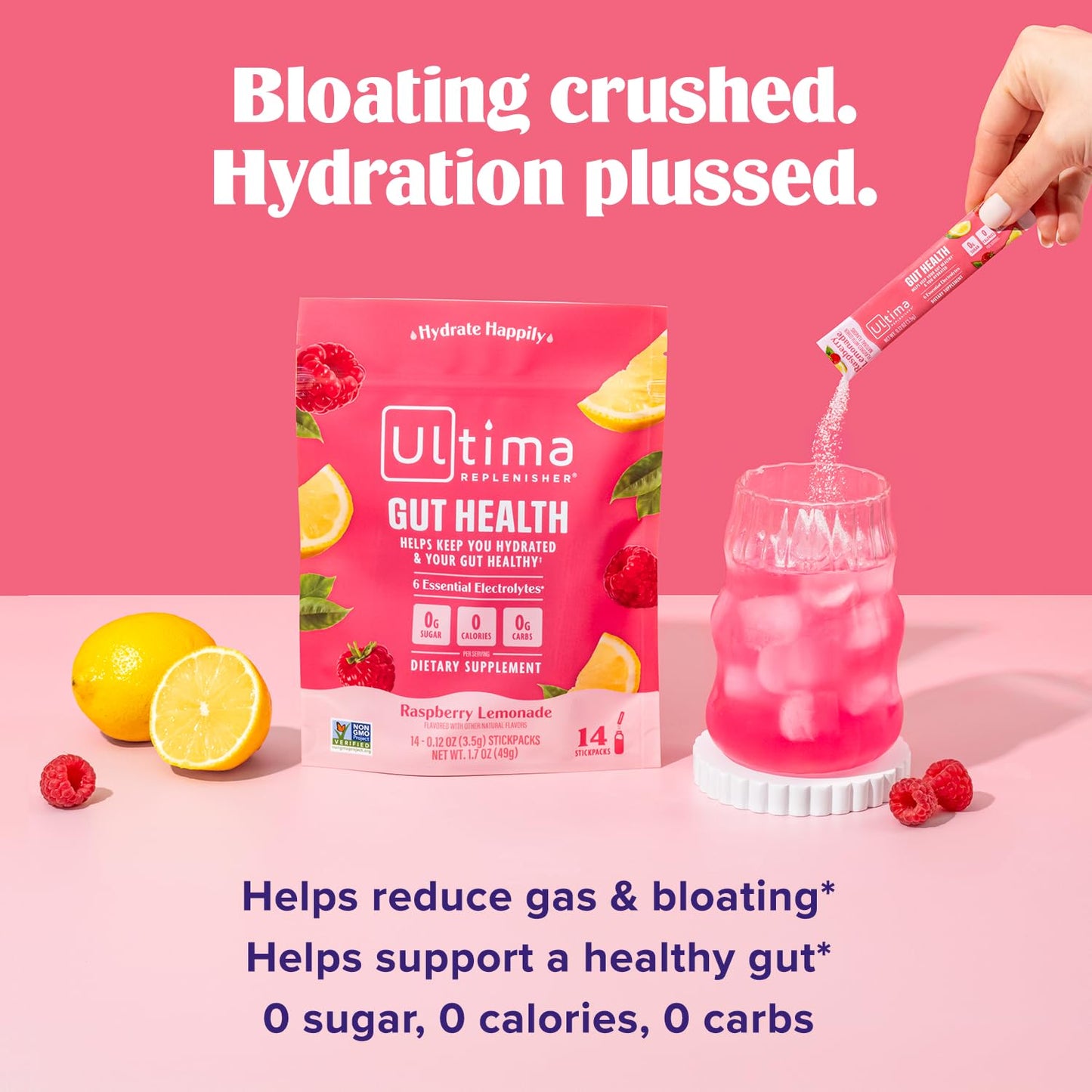 Ultima Replenisher Gut Health Supplement and Electrolytes Powder - Raspberry Lemonade, 14 Stickpacks - Hydration Packets with Added Gut Health Benefits