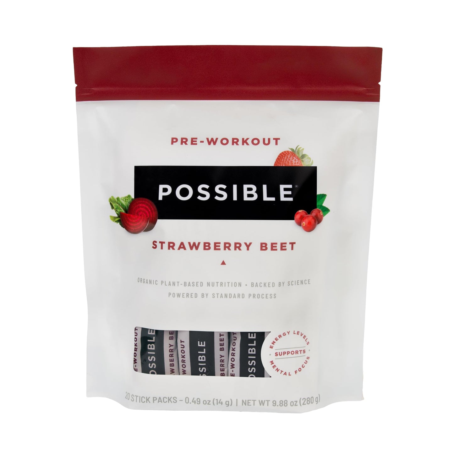 Possible Beet Pre-Workout - Strawberry Beet Flavor - Individually Wrapped Servings - Contains B-Vitamins and Green Tea Caffeine Extract - Source of Nitrates - 1 Bag, 20 Stick Packs