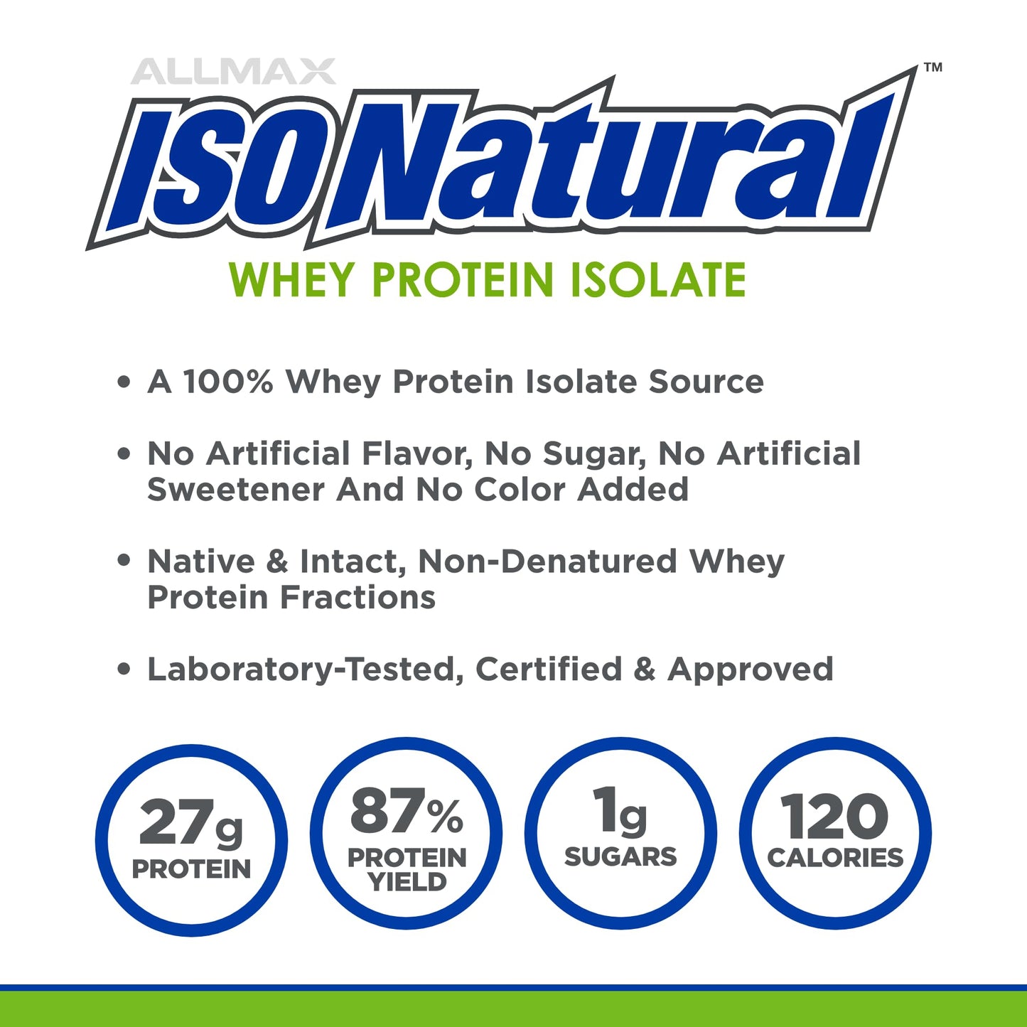 ALLMAX ISONATURAL Whey Protein Isolate, Vanilla - 2 lb - 27 Grams of Protein Per Scoop - Zero Fat & Sugar - 99% Lactose Free - With Prebiotics - No Artificial Flavors - Approx. 29 Servings