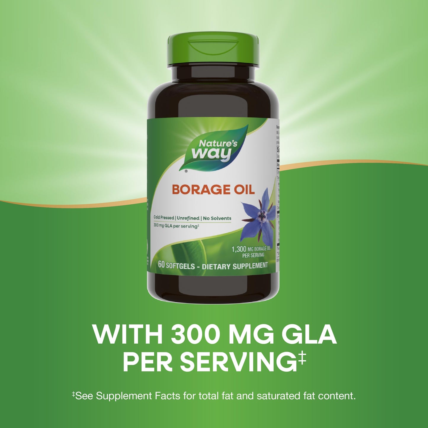 Nature's Way Borage Oil, Cold Pressed & Unrefined, GLA Supplement, 300 mg GLA and 440 mg Linoleic Acid per Serving‡, 60 Softgels (Packaging May Vary)