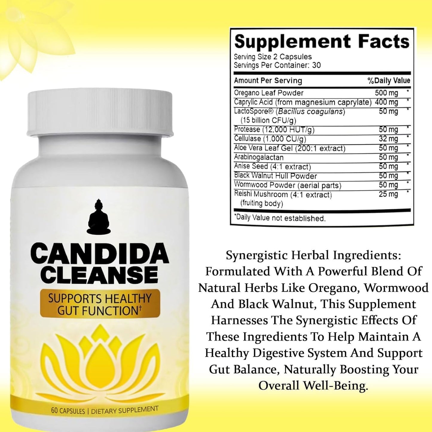 Candida Cleanse, Gut & Colon Support, Advanced Probiotic & Herbal Formula, Oregano Leaf, Wormwood, Black Walnut, Caprylic Acid-1 for Men & Women, 60 Capsules