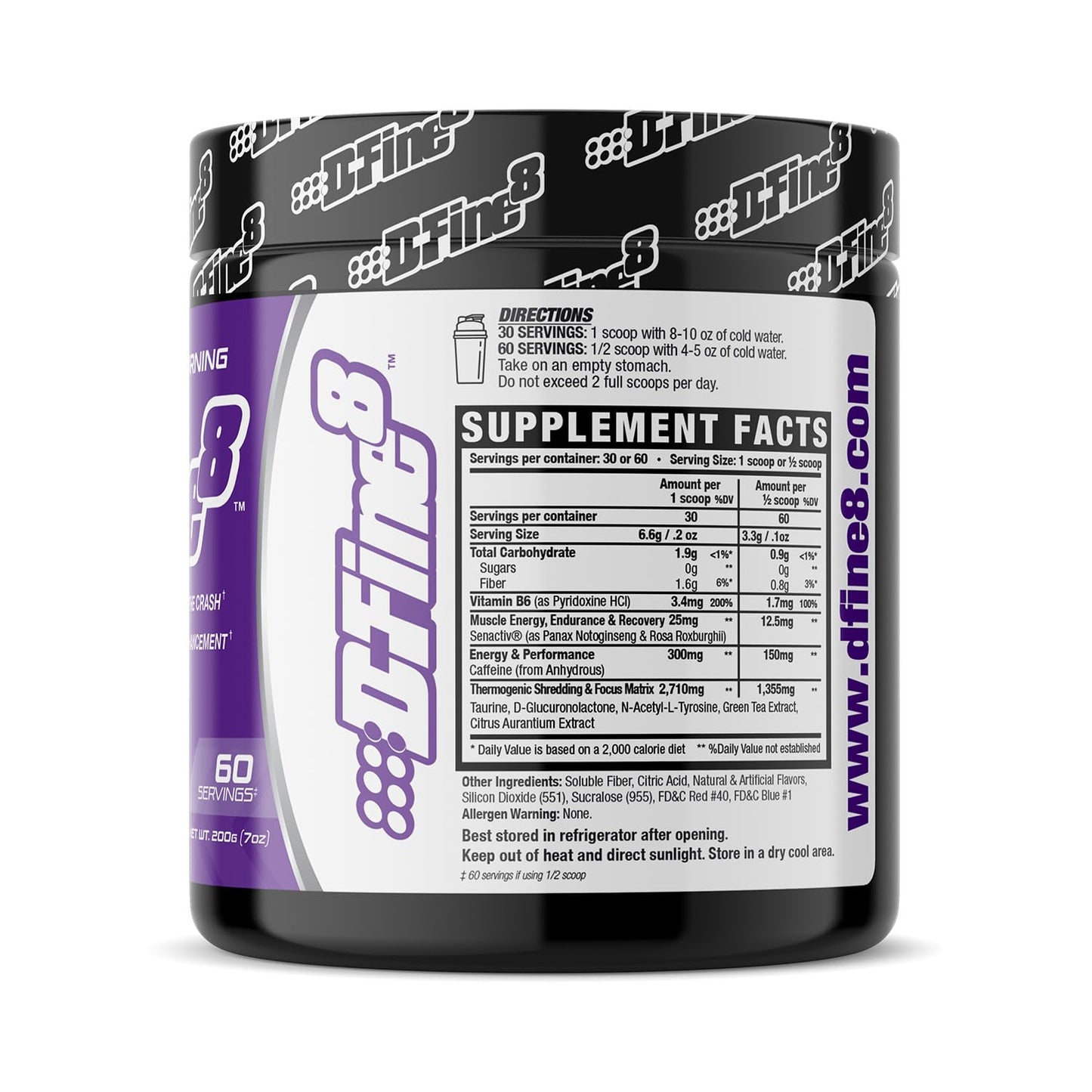D-Fine8 Thermogenic Pre-Workout Energy Powder & Shredding Supplement, Boost Energy Mood & Focus, Sugar Free, Contains Senactiv, Endurance, 300mg Caffeine, N-Acetyl-L-Tyrosine (Fierce Grape)