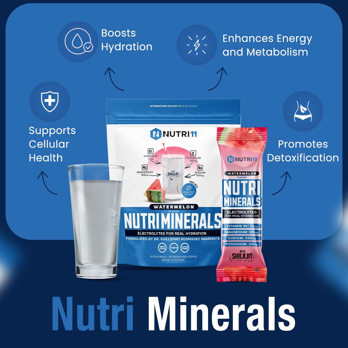 NUTRIMINERALS Hydration Electrolyte Powder | Advanced Vitamin B1, Shilajit & Pink Himalayan Salt | Zero Sugar | 15 Stick Packs | Clean Energy, Recovery & Detox Support (15 Sticks Pack, Watermelon)