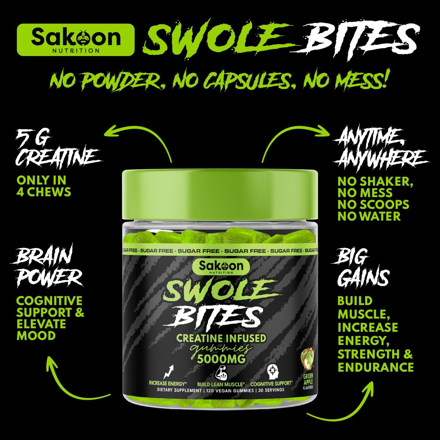 Sakoon nutrition 5000mg Creatine Monohydrate Infused Gummies | Increase Strength and Build Muscle, Sugar-Free, Vegan, Apple Flavor, 120 Count