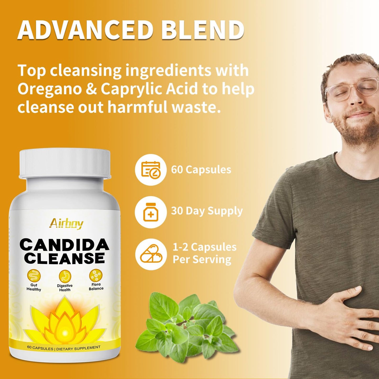 Airboy Candi Cleanse,Gut Colon Cleanse Detox for Women & Men,Candi Support with Oregano Leaf, Caprylic Acid，Wormwood, Black Walnut-60 Counts x 2 Pack