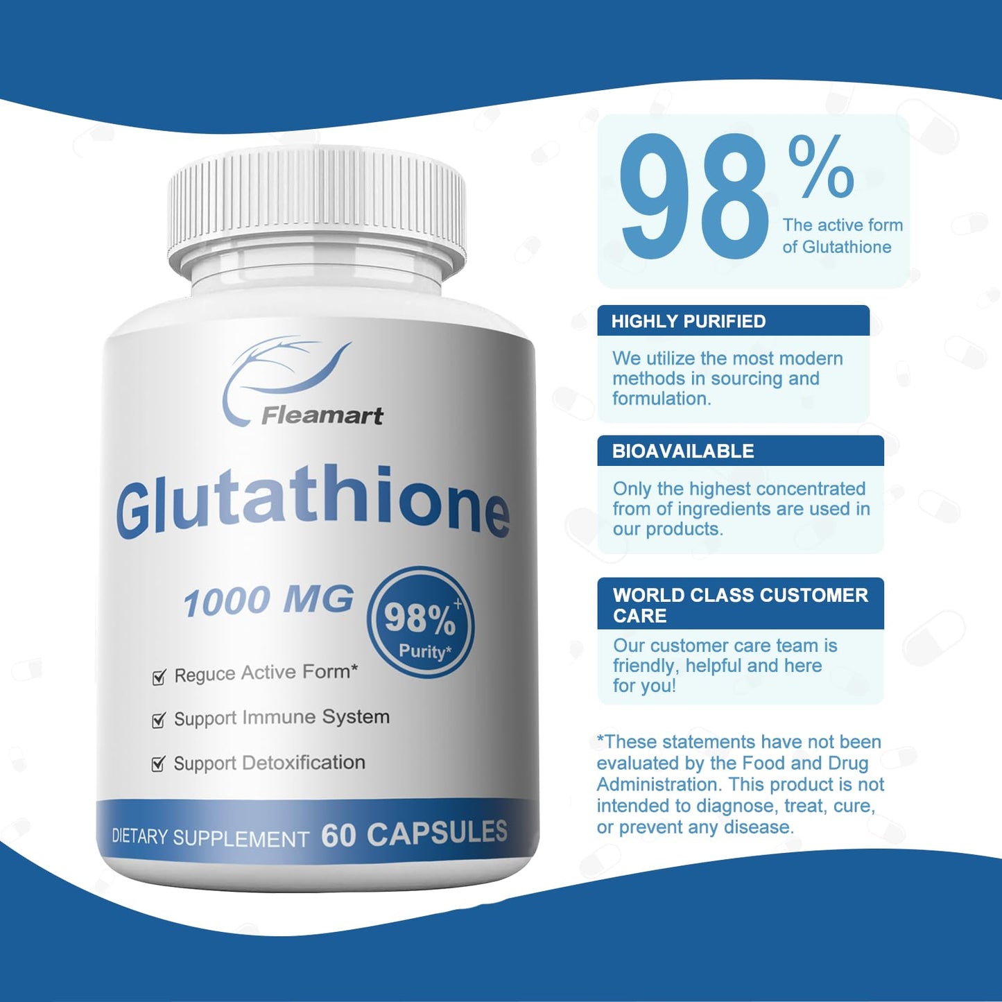 Fleamart Glutathione Supplement 98%+ Highly Purified and Bioavailable - Skin Care & Detoxification L-Glutathione 1000mg Immune & Liver Support - Made in The USA 60 Capsules