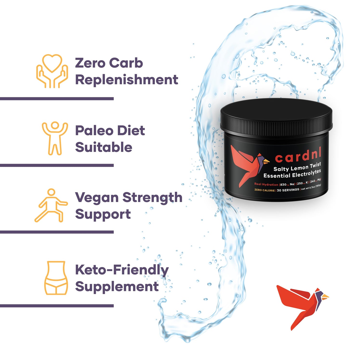 Cardnl Zero Sugar Electrolytes, Authentic Salty Lemon, Lowest Cost, Most Electrolytes Per Serving, Clean Ingredient Powder (30 Servings)